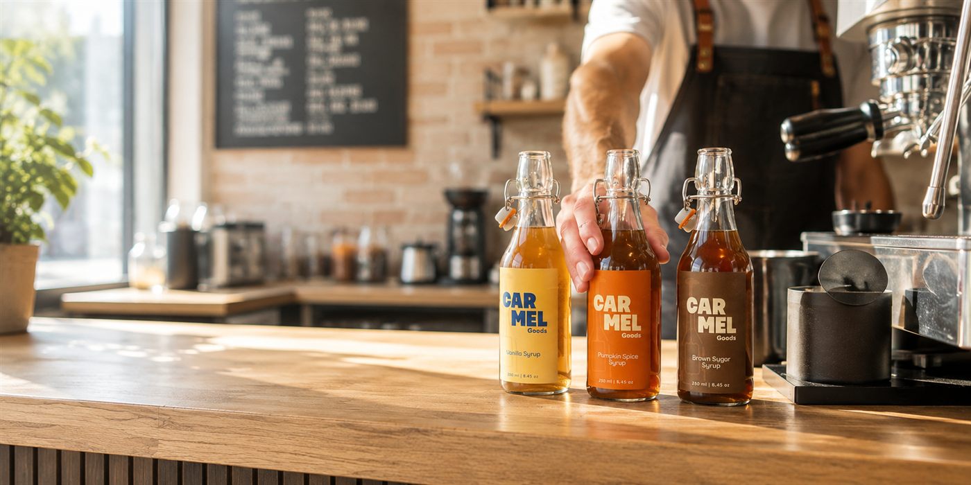 Barista reaching for a lineup of CARMEL Goods syrup bottles on a wooden cafe counter