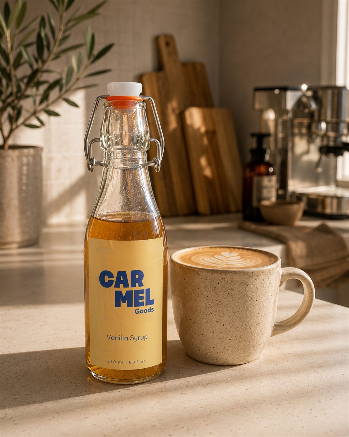 CARMEL Goods Vanilla Syrup bottle beside a latte on a sunlit kitchen counter