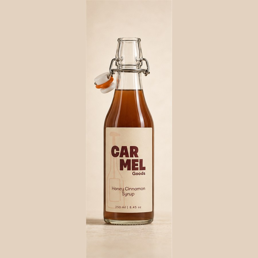 Bottle of CARMEL Goods Honey Cinnamon Syrup