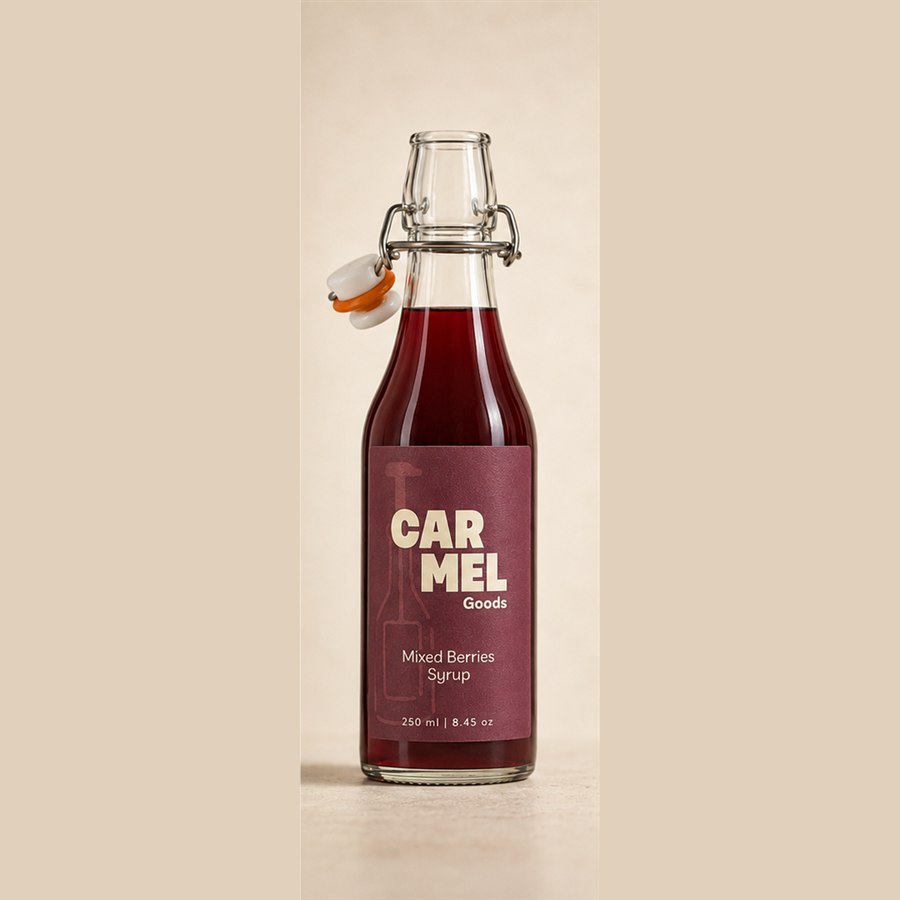 Bottle of CARMEL Goods Mixed Berries Syrup