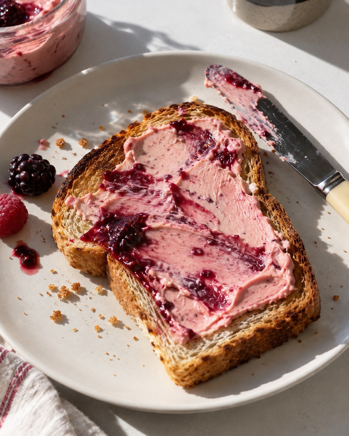 Toasted sourdough spread with berry butter, blackberries, and raspberries